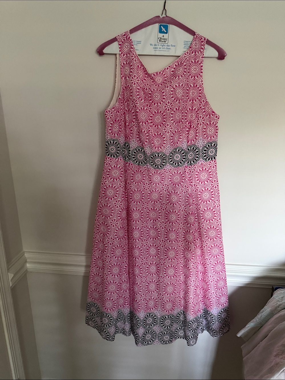 Sleeveless Pink Patterned A-Line Dress with Black Trim from Anthropologie.  Zip
